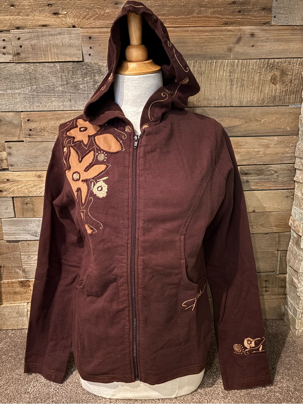 Prana Brown Embroidered Hooded Zip sweater